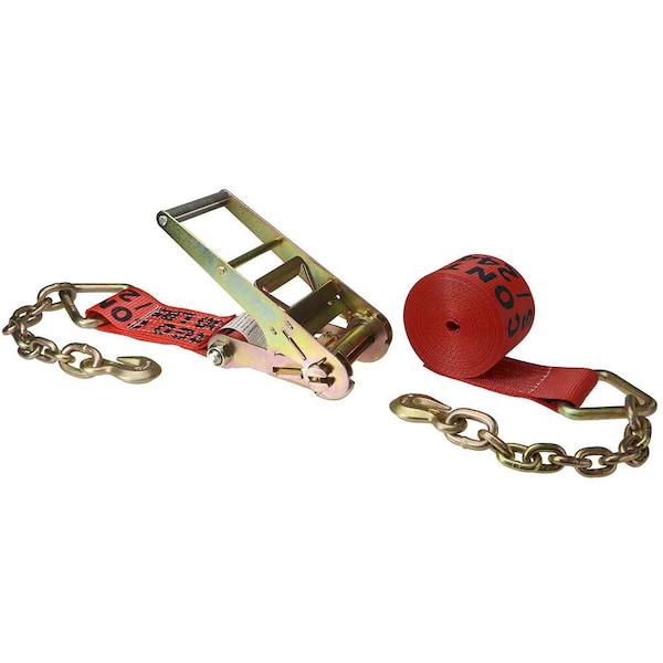 Us Cargo Control 4" x 30' Red Ratchet Strap w/ Chain Extensions 8530CE
